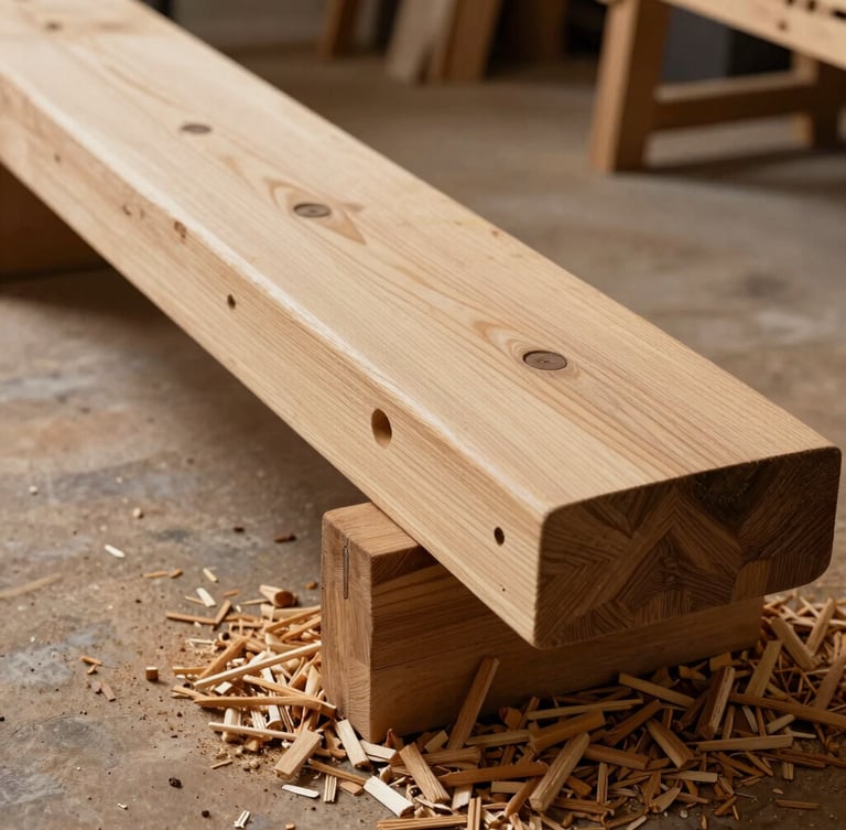 Gros plan sur un assemblage traditionnel à tenon et mortaise dans une poutre de chêne clair, copeaux de bois au sol, atelier d'ébéniste baigné d'une lumière douce.