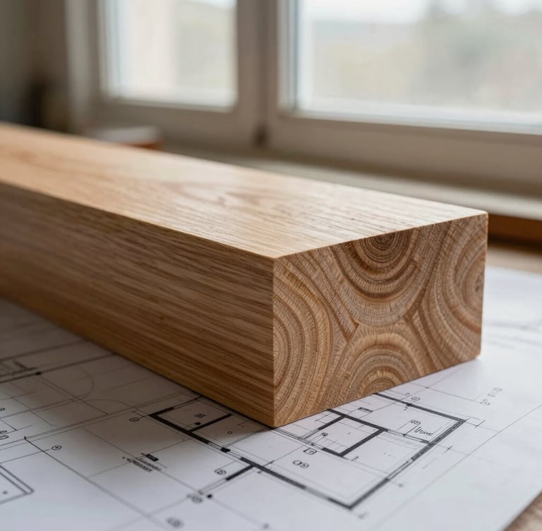 A close-up of a raw oak wood joint resting on a technical architectural floor plan, soft morning light from a workshop window highlighting the wood grain.