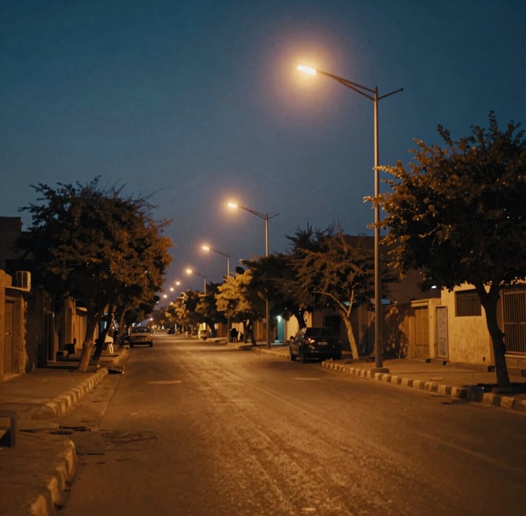 Cinematic wide anamorphic shot of Maadi's tree-lined streets at twilight, warm sodium-vapor streetlights casting long shadows, deep amber and twilight blue tones, 35mm film grain.
