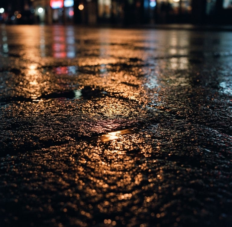 Extreme close-up of a 35mm anamorphic film frame, heavy analog grain, rain-slicked pavement reflecting amber sodium vapor light at night.