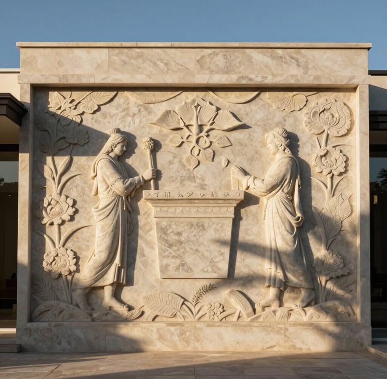 Wide panoramic shot of a massive hand-carved travertine wall relief in a luxury Cape Town villa, dramatic raking sunset light casting deep physical shadows across the stone.