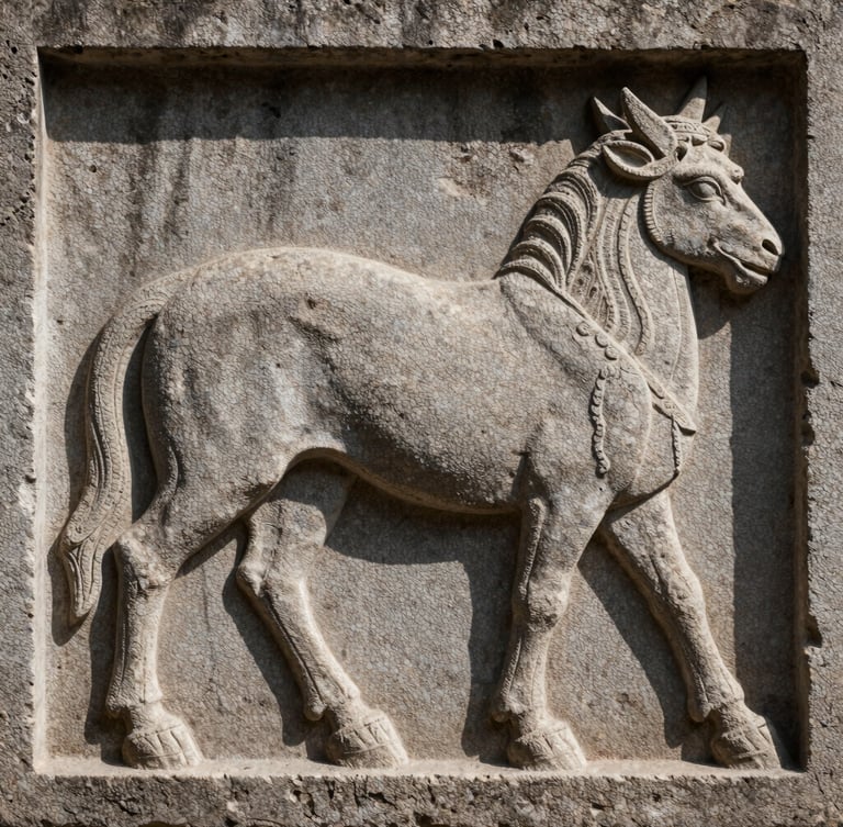 A detailed side-profile view of a deeply carved stone relief panel, showcasing the dramatic contrast between illuminated stone ridges and deep, dark shadowed recesses under sharp raking light.