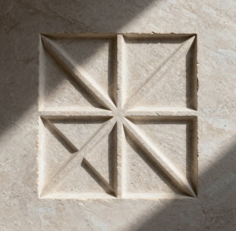 Dramatic close-up of a physical chisel carving deep geometric patterns into a light travertine wall, sharp raking light casting long shadows across the textured grooves.