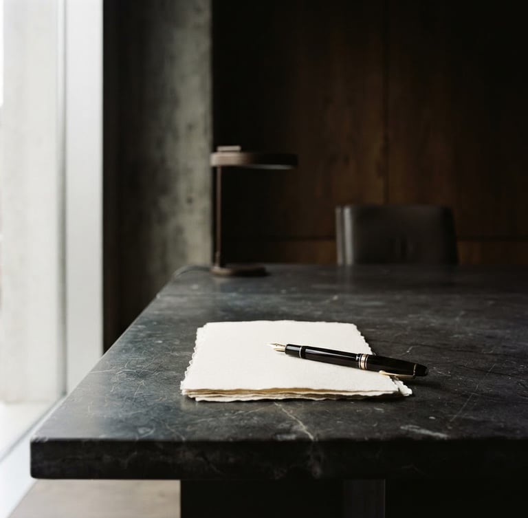 Minimalist judicial office interior with soft side-lit daylight casting deep shadows on a heavy marble desk, a fountain pen resting on textured paper, editorial minimalist photography, 35mm