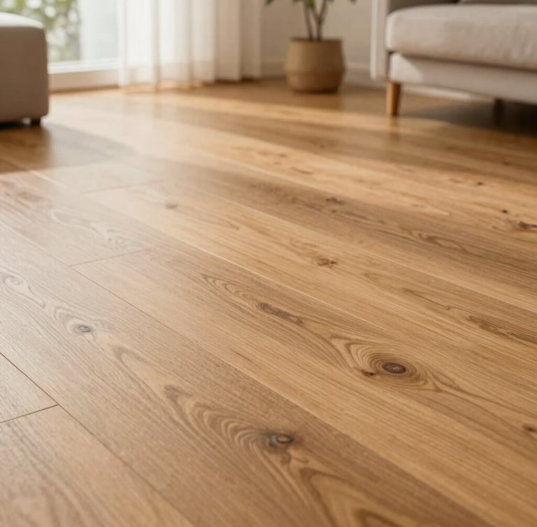 Warm editorial photography of a modern bright living room, natural daylight streaming in, showcasing high-quality warm oak laminate flooring with rich wood textures, shallow depth of field, 35mm.