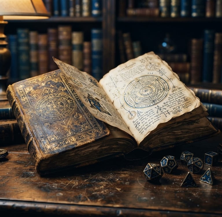 Close-up of an open, leather-bound grimoire on a dark oak table, heavy metal dice scattered nearby, warm library lamp lighting, shallow depth of field, deep blue and gold tones.