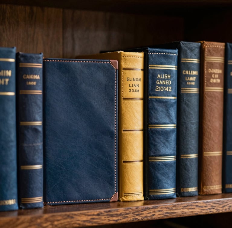 Warm editorial portrait photography of hand-stitched leather-bound books stacked on a dark oak shelf, soft library lamp lighting, shallow depth of field, 35mm
