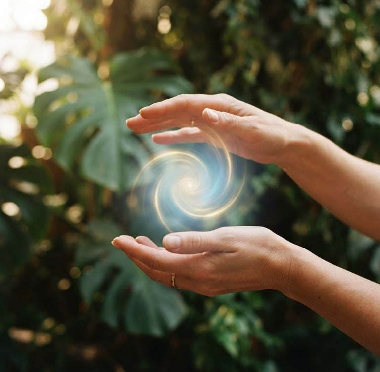 Close-up of hands gently hovering over a glowing energy field, soft natural daylight filtering through lush green monstera leaves in the background, shallow depth of field.