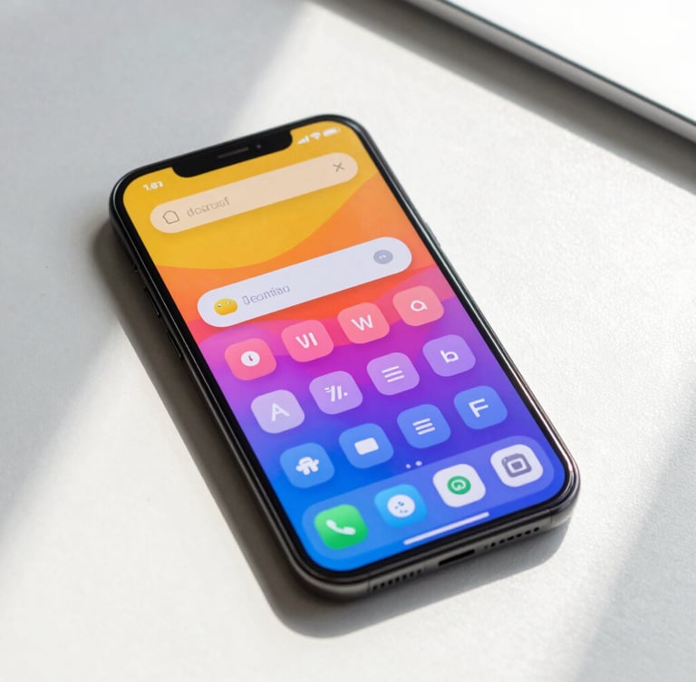 A high-fidelity Android smartphone mockup on a clean light desk showing a vibrant, high-contrast user interface with large readable buttons, soft daylight casting subtle shadows