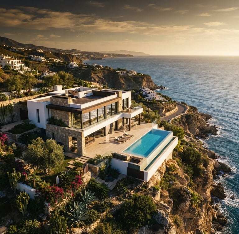 Cinematic aerial photography of a modern luxury villa on the Andalusian coast, sharp architectural composition, golden-hour sunlight, 35mm lens