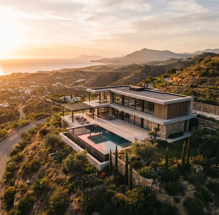 Cinematic aerial view of an architectural modern villa in southern Spain, sharp lines, golden hour sunlight reflecting off glass, 35mm lens composition.