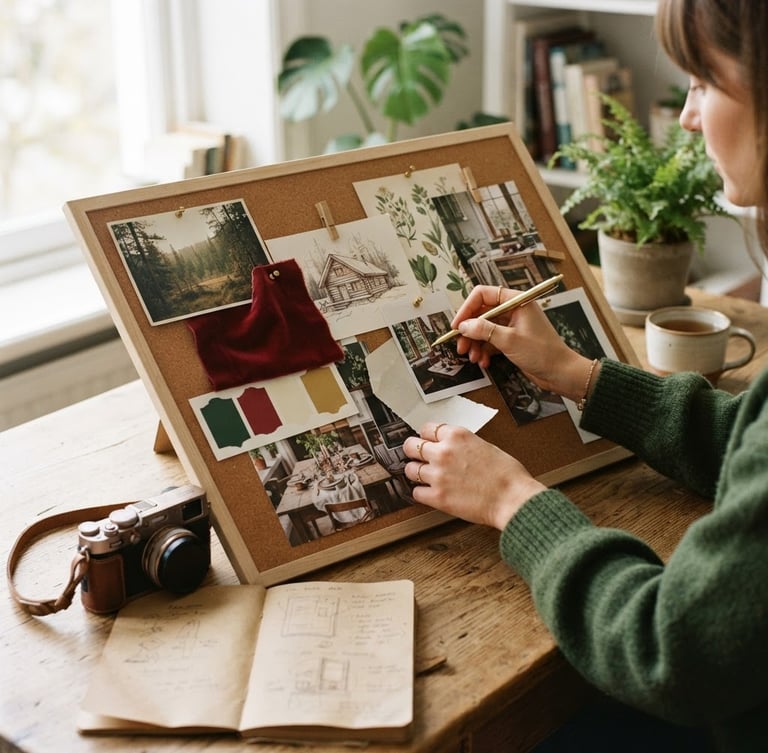 Cozy, warm-toned close-up of hands planning content on a mood board with a camera and notebook, soft natural window light, shallow depth of field, rich crimson and forest green accents.