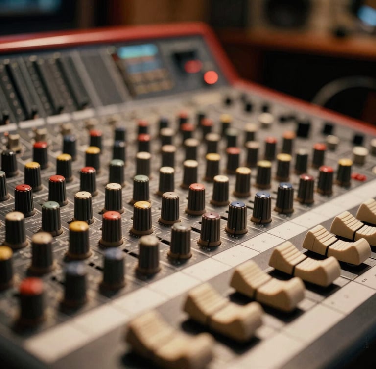 Dramatic warm editorial close-up of a high-end vintage mixing console in a professional recording studio, soft warm light reflecting off metal knobs, shallow depth of field, 35mm film grain