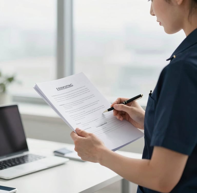 A professional care manager in a navy uniform reviewing compliance documents in a bright, modern, sunlit office setting, shallow depth of field