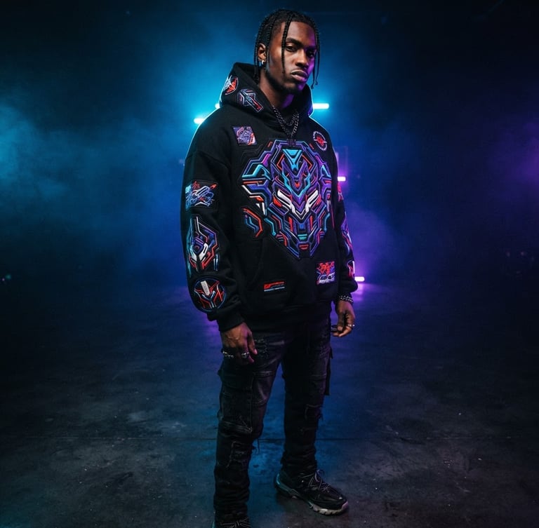 Low-angle studio shot of a model wearing a premium heavyweight custom streetwear hoodie with vibrant high-density print details, neon blue backlight, dark background.