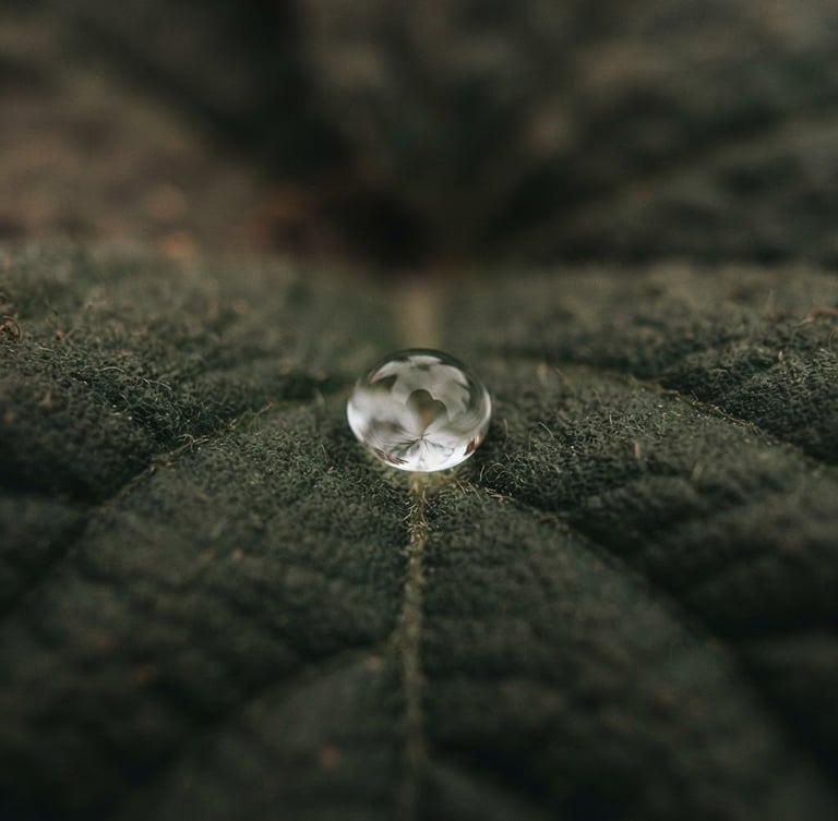 Extreme macro detail of a single clear oil droplet suspended on a dark green botanical leaf, soft overcast daylight, architectural composition, 35mm film grain.