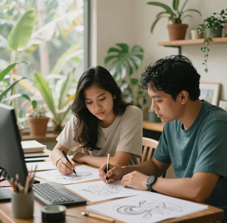 Candid medium shot of two Filipino creative professionals collaborating over sketches in a warm, plant-filled studio space, natural diffused light.