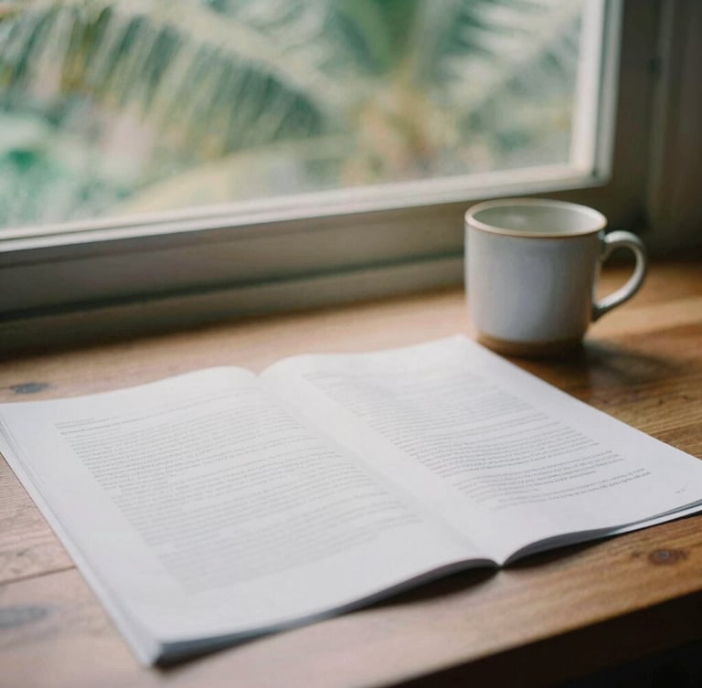 A close-up of a wooden desk in Manila with printed research papers, a ceramic mug, and soft tropical morning light filtering through a window.
