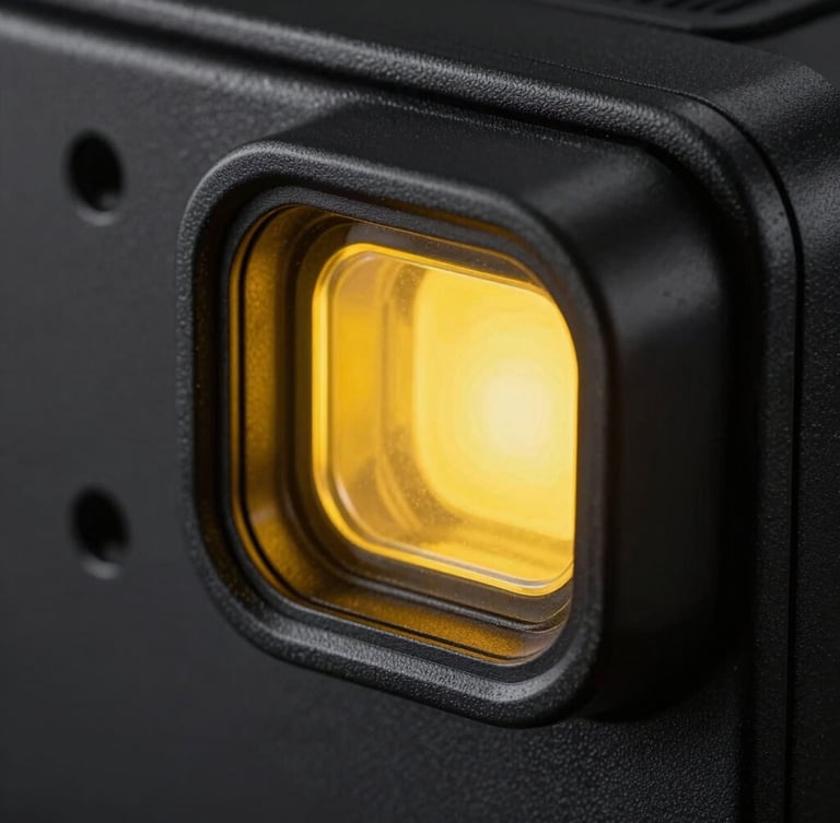 Extreme close-up of the B1 Node physical matte casing, stark industrial lighting, solar-yellow status indicator LED, deep obsidian background.