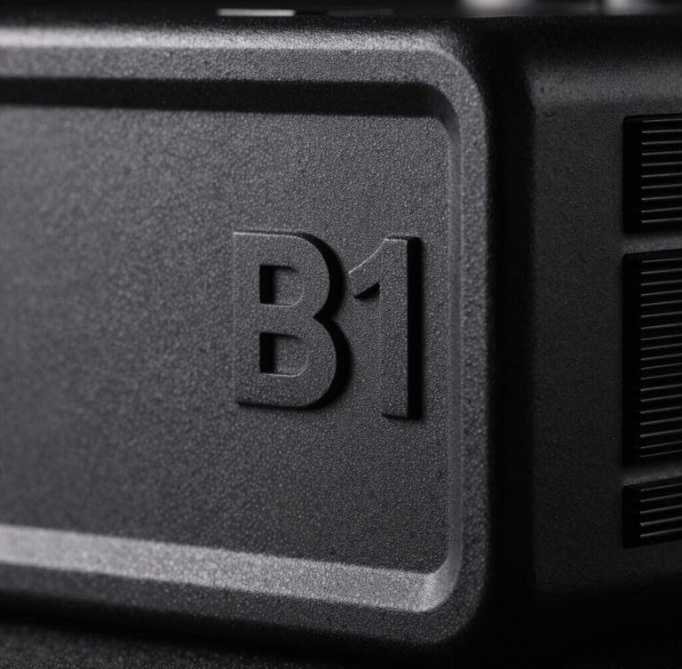 Extreme close-up of the physical B1 Node matte casing, sharp technical lines, stark studio lighting with dramatic shadows, orthographic perspective.