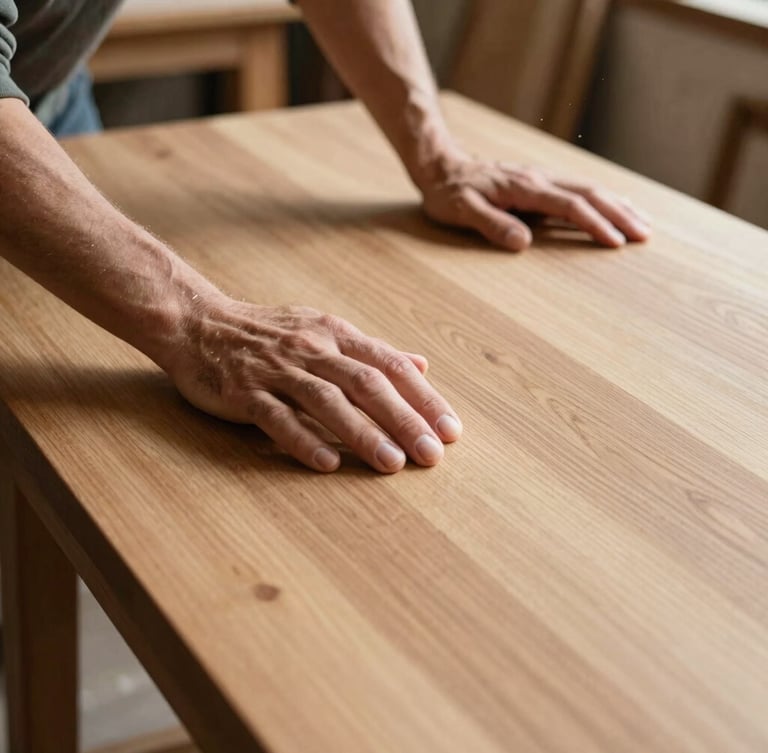 Close-up of a craftsman's hands smoothing a large solid oak table top in a sunlit workshop, sawdust particles visible in the air, warm wood tones.