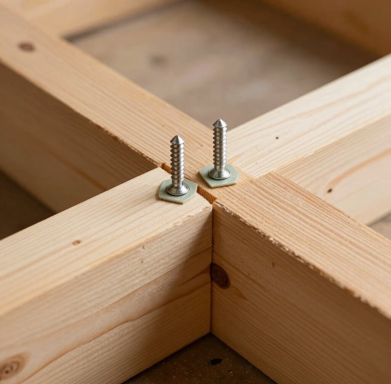 Close-up of structural pine beams being joined with heavy-duty dowels, warm natural light, workshop setting.