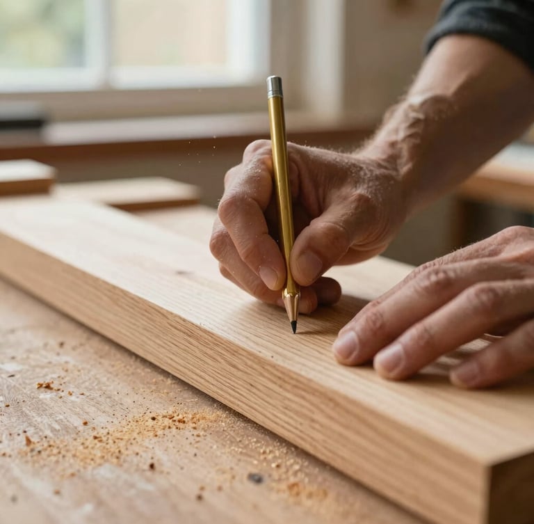 Close-up of carpenter hands marking a thick oak plank with a brass pencil under warm window light, sawdust particles in the air, shallow depth of field, 35mm