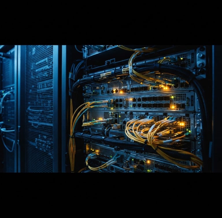 Wide panoramic shot of a dark, cold server room with glowing amber indicator lights, sharp directional light, and visible fiber optic cables, extreme close-up on hardware interfaces, 35mm.