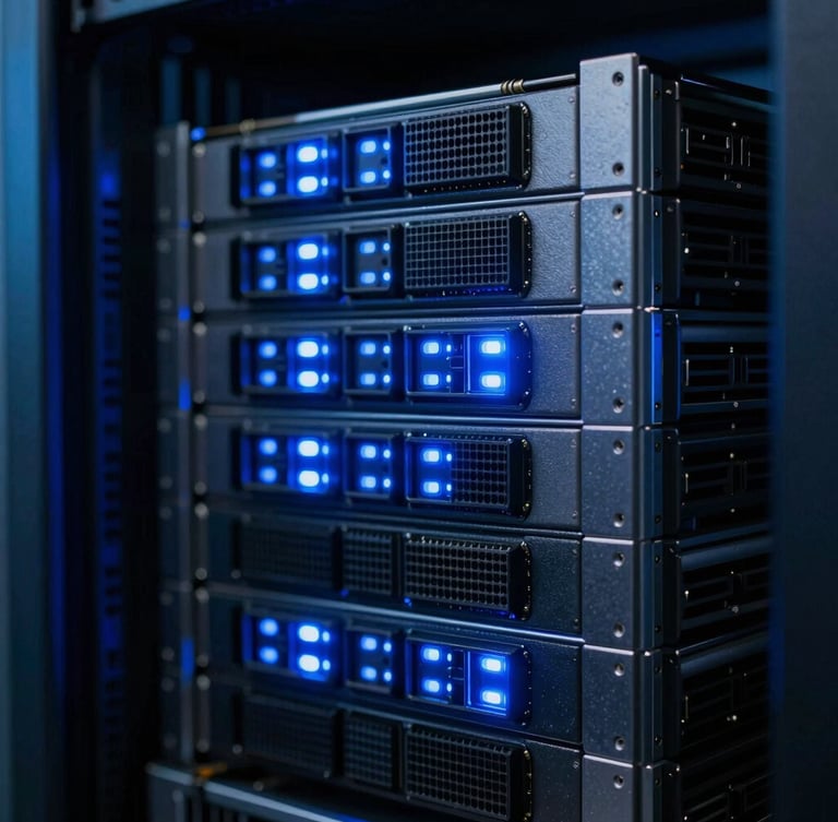 Close-up of advanced server hardware, sharp directional blue light, cold room environment, 35mm