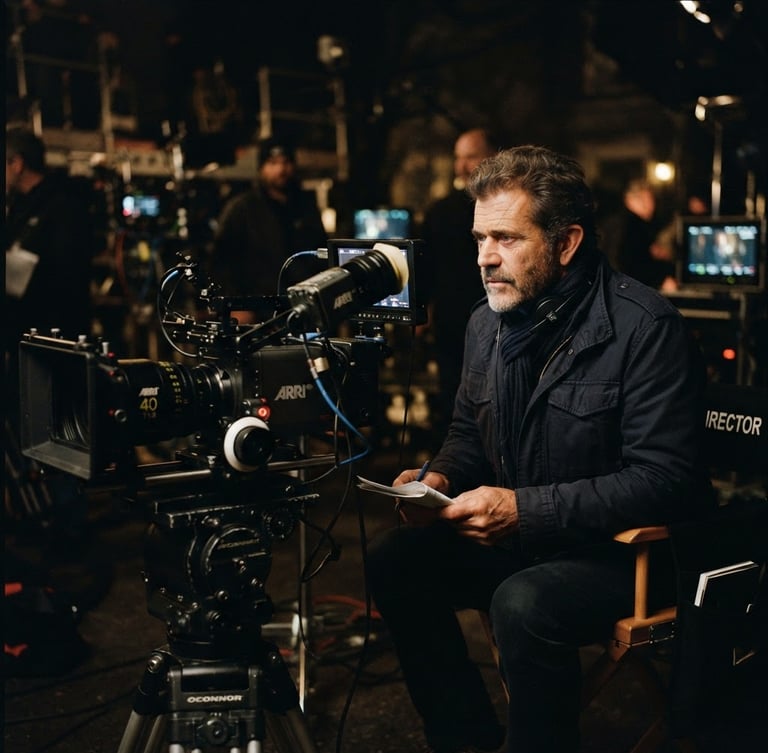 Striking portrait of a film director on set, focused, with high-end cinema camera equipment in the foreground, dramatic low-key lighting, rich gold and charcoal tones, anamorphic lens, 35mm grain, off-center composition, wide shot.