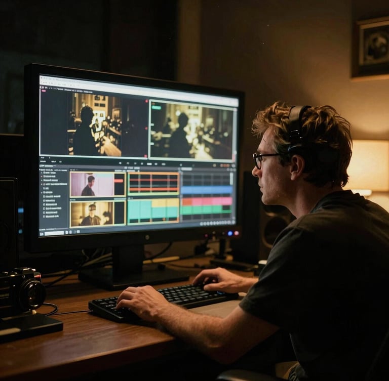 Off-center editorial portrait of a film director reviewing footage on a high-contrast monitor in a darkened editing suite, dramatic low-key lighting, rich gold and charcoal tones, anamorphic lens, 35mm grain