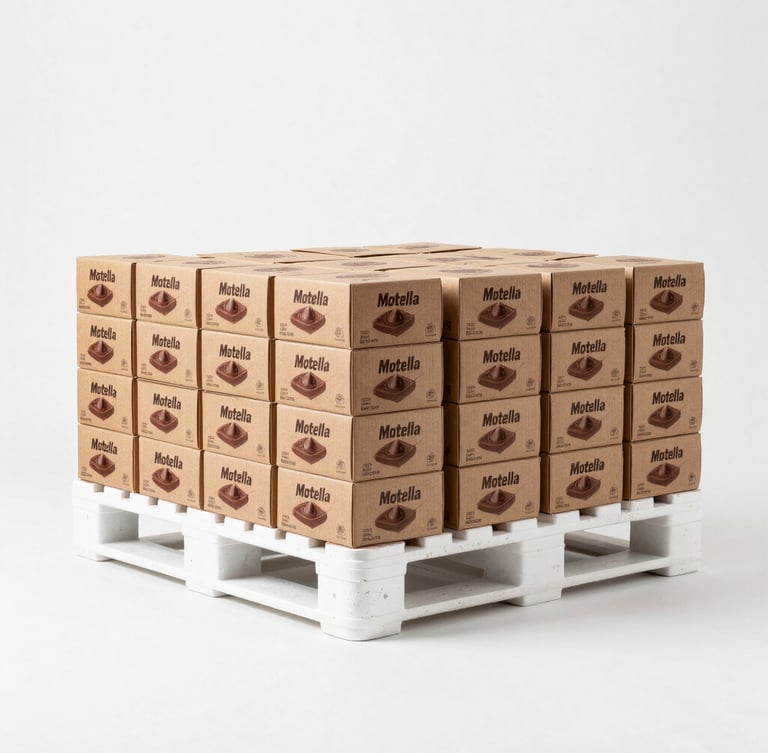 A straight-on, eye-level studio portrait of a pristine white shipping pallet stacked with perfectly arranged, clean brown cartons of Motella chocolate spread, bright clinical studio lighting, sterile white background.