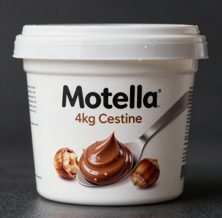 Straight-on eye-level portrait of a sterile white 4kg Motella commercial tub, sharp clinical studio lighting, glossy brown hazelnut spread visible on a clean spatula