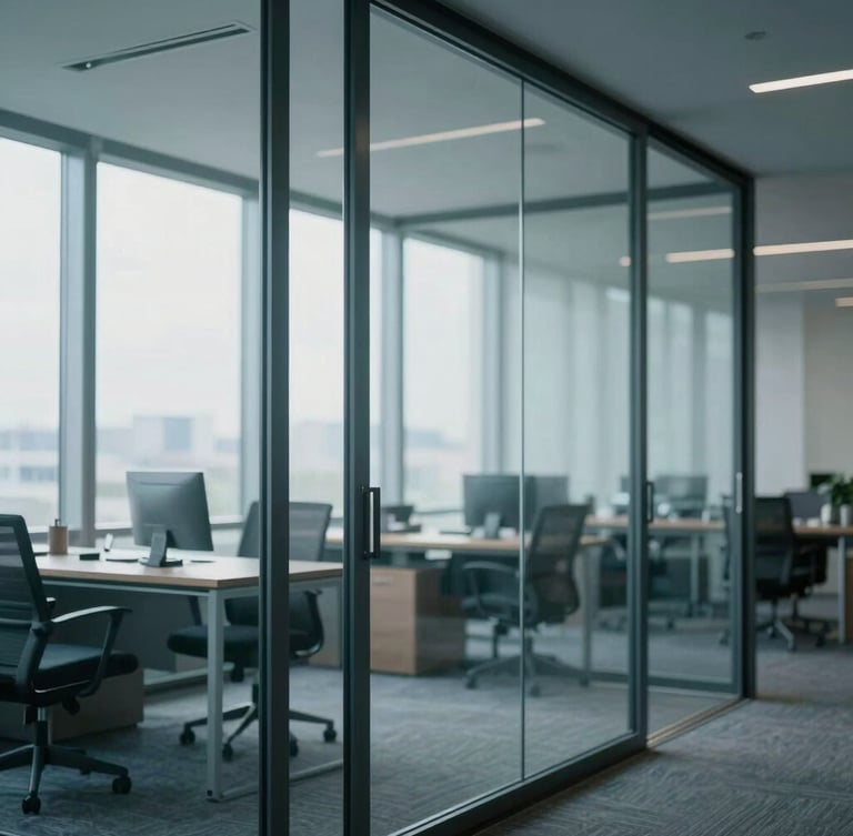 Sober modern corporate office interior with glass partitions, soft natural window light, cold slate tones, professional atmosphere
