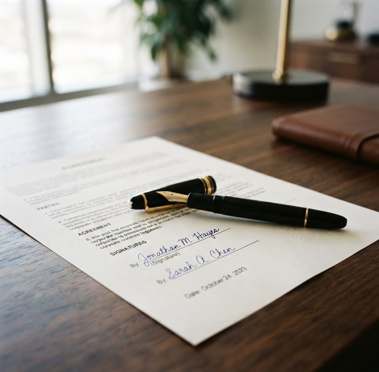 Close-up of a classic fountain pen resting on a signed corporate contract, elegant dark wood table, soft natural window light, shallow depth of field