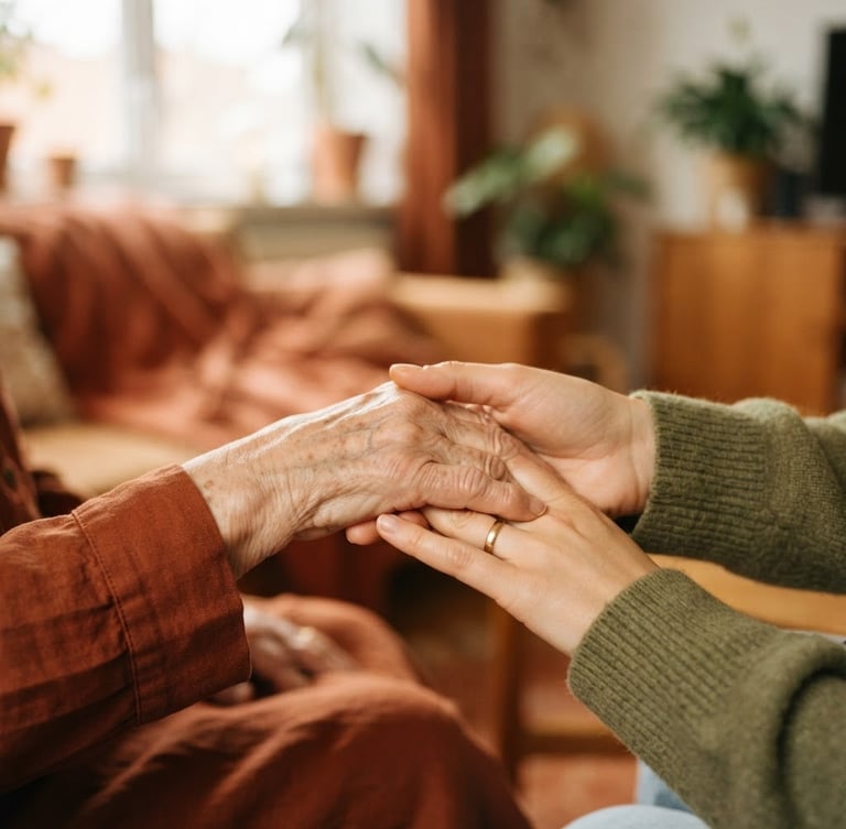 Close-up of an elderly person's hand gently held by a younger hand, warm natural window light, shallow depth of field, rich earthy terracotta tones, 35mm.