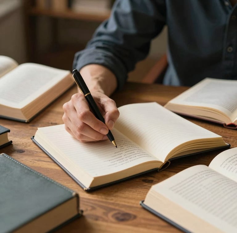 Zijaanzicht van een persoon in natuurlijk daglicht die geconcentreerd schrijft in een linnen notitieboek, omringd door opengeslagen studieboeken op een houten tafel.