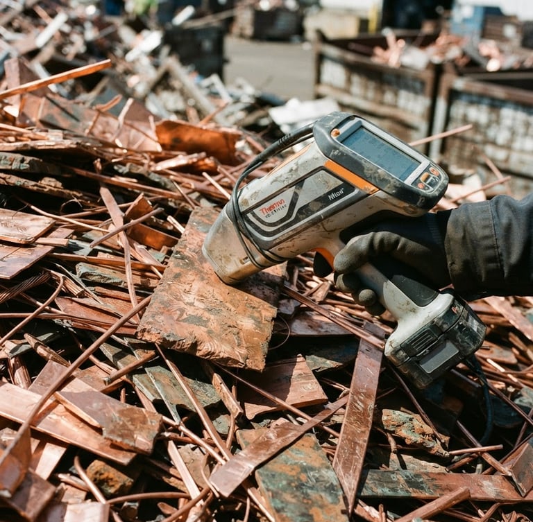 A close-up of a handheld XRF analyzer being pressed against sorted copper scrap, harsh direct daylight, high-contrast metallic tones, sharp focus, 35mm