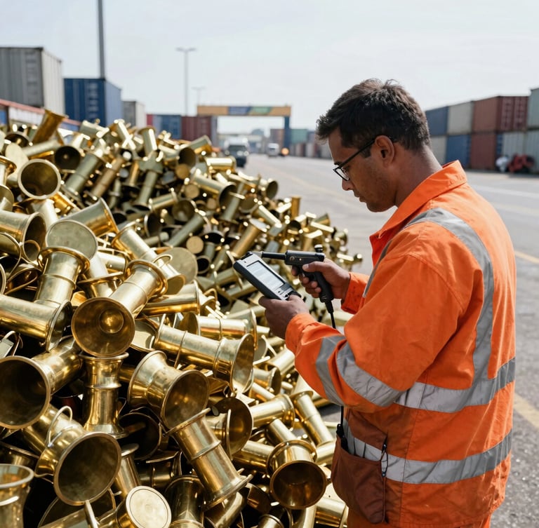 An inspector in high-visibility orange gear using a handheld XRF analyzer on a pile of brass scrap at a busy shipping port, harsh sunlight.
