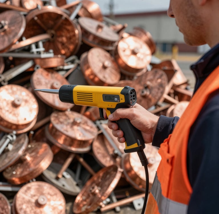 Harsh outdoor daylight close-up of a certified inspector in a high-visibility orange vest using a handheld XRF analyzer gun on a pile of copper scrap