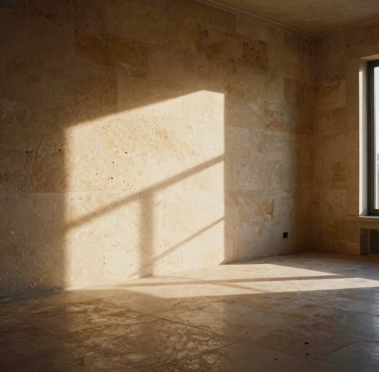 Sun-dappled interior of an empty Portuguese estate, raw Lioz limestone walls, low-angle golden hour shadow, captured on textured 35mm film