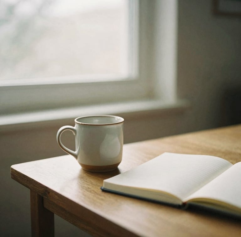 Warm editorial photography of a minimalist workspace, soft morning window light, a ceramic mug on a wooden table next to an open notebook, 35mm film style