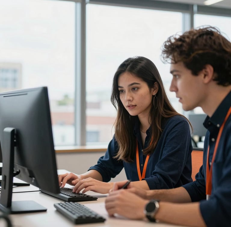 Candid medium shot of a young female developer collaborating with a colleague in a modern Leicester fintech office, bright natural window light, deep navy and orange accents, 35mm.