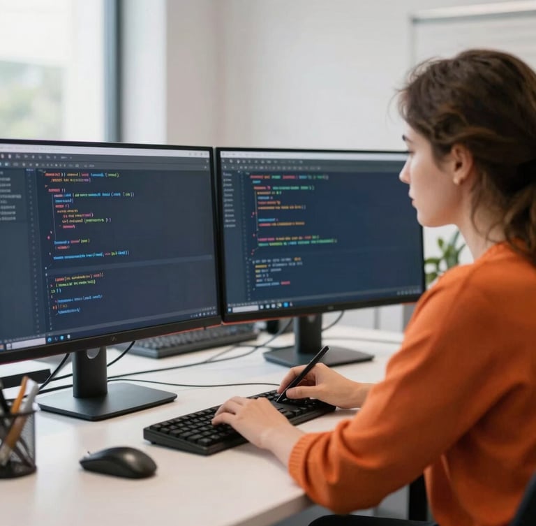 A young professional writing code on a dual-monitor setup in a clean, modern Leicester tech workspace, soft natural light, professional atmosphere, 35mm