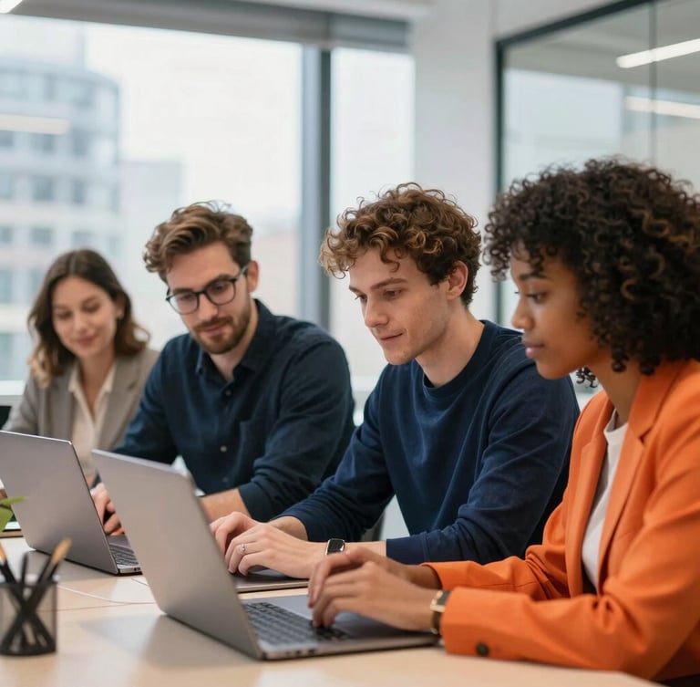 Candid medium shot of a diverse group of young tech professionals collaborating over a laptop in a modern, bright London office, natural window light, deep navy and vibrant orange accents, shallow depth of field, 35mm