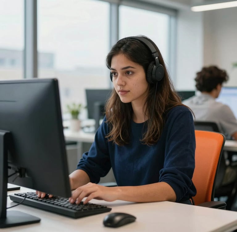 Candid medium shot of a young female developer in a modern Leicester fintech office, natural window light, deep navy and vibrant orange accents, shallow depth of field, 35mm
