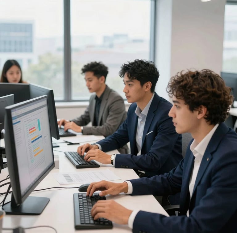 Diverse young professionals analyzing data on screens in a bright, modern UK office space, natural window light, clean professional aesthetic, 35mm.