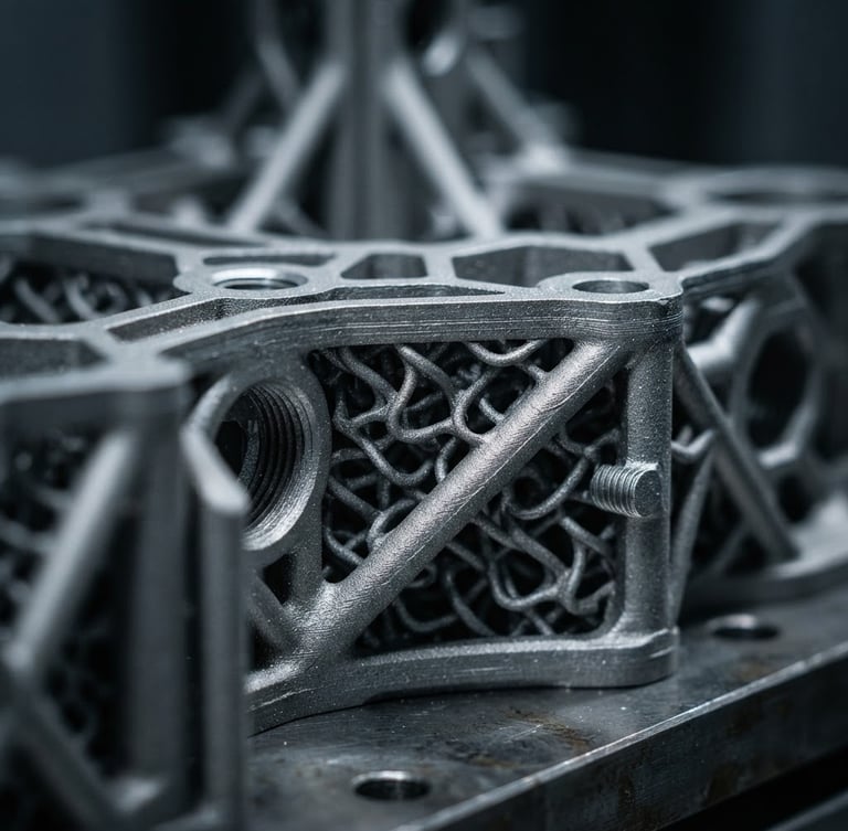 Macro close-up of high-precision metallic 3D printed component under cool high-contrast industrial studio lighting, metallic slate tones, shallow depth of field