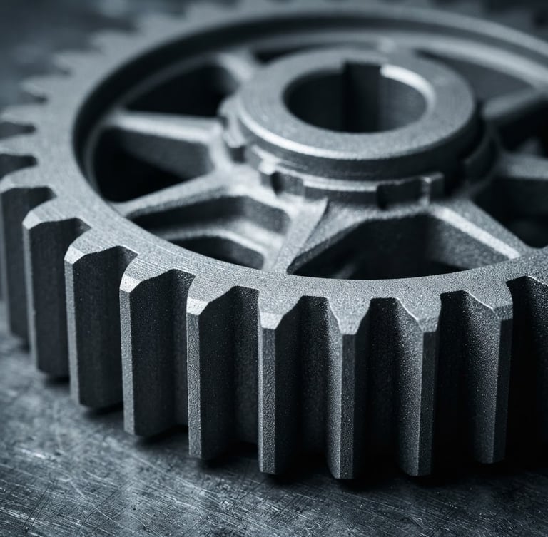 Macro close-up of a high-precision metal industrial gear fabricated with selective laser melting, cool high-contrast studio lighting, metallic and slate tones, 35mm