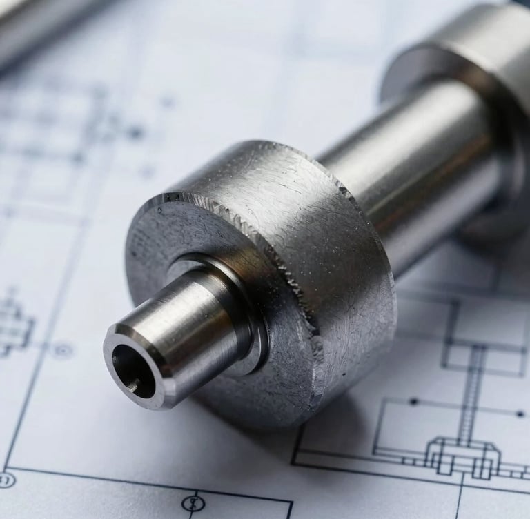 High-precision mechanical component with technical blueprint overlay, cool crisp lighting, metallic slate tones, macro depth of field